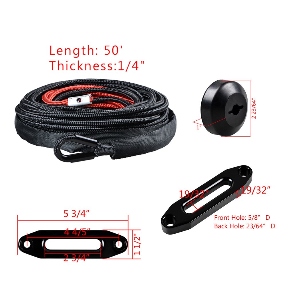 50 ft x 1/4'' Durable Synthetic Winch Rope Cable 7000LBS 40'' Red Heat Guard & Black Rock Guard + Winch Stopper + 4 4/5'' Black Hawse Fairlead Off-Road SUV ATV KFI