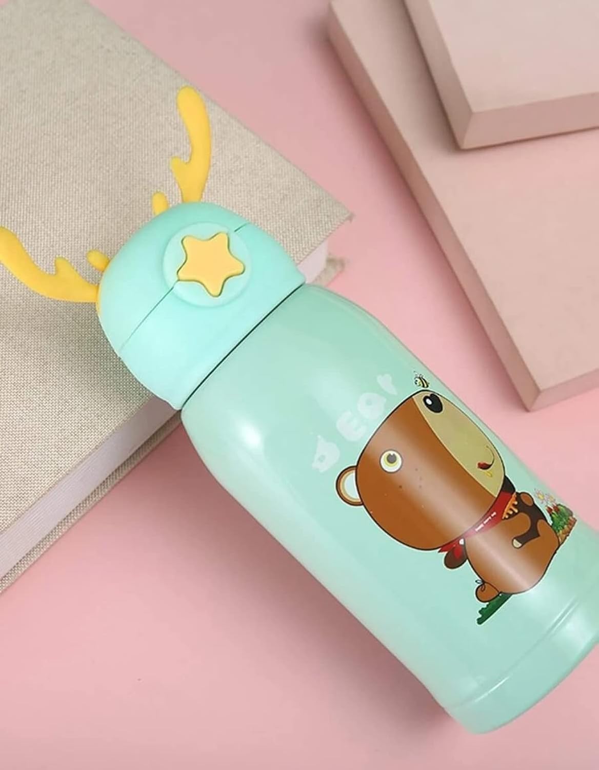 Kids Water Bottle 500ML Stainless Steel | Cute Cartoon Bear Dinosaur Design with Hot & Cold Easy to Carry & Shoulder Strap | BPA Free Leakproof Sipper for School, Travel, Picnic (Green)