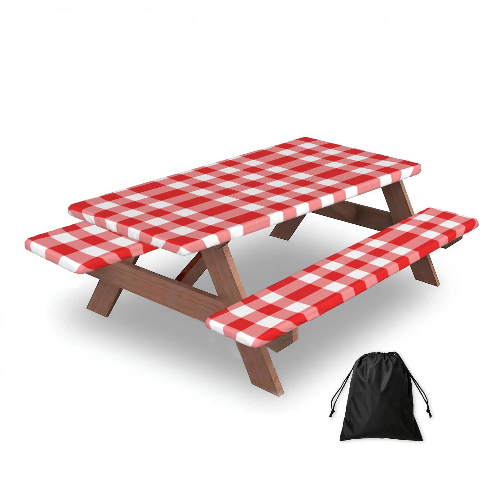 Dopklna As Picture Red White Gingham, Picnic Table Cover With Bench Covers -Waterproof Elastic Fitted Tablecloth For Garden Camping Patio 76X152cm
