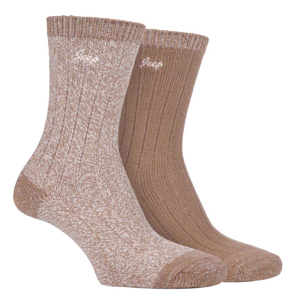 Jeep Women's Tan/Cream - 2 Pairs Supersoft Cute Warm Ribbed Thick Hiking Boot Socks (4-8, )