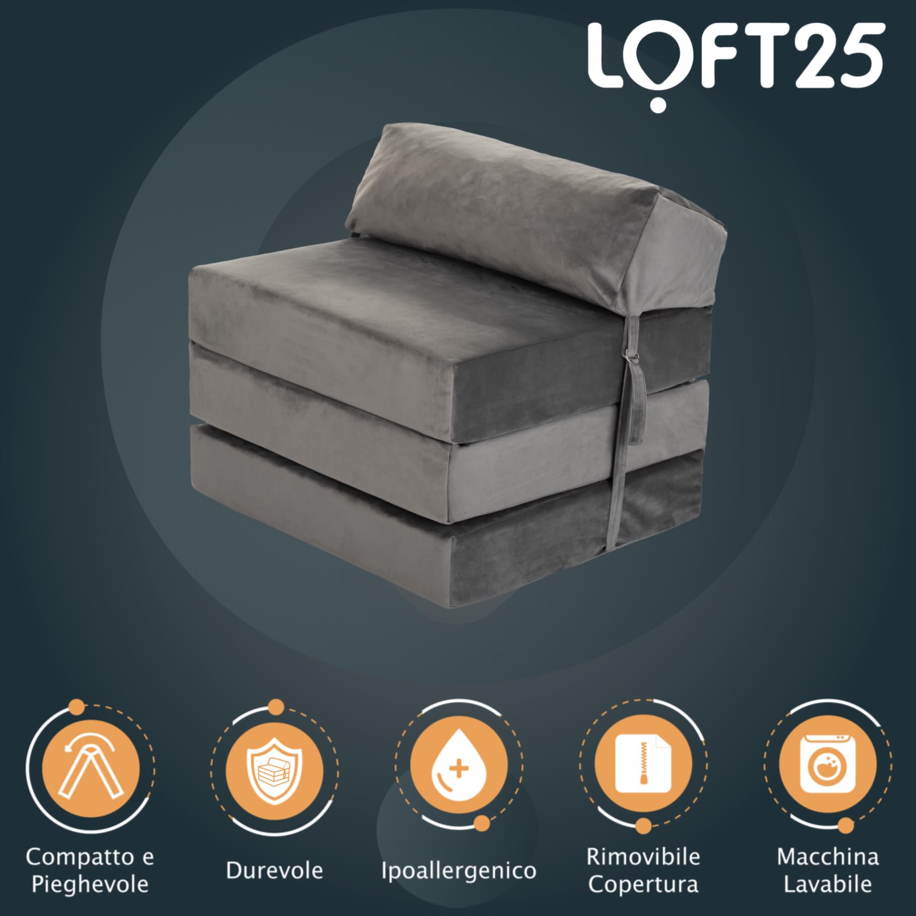 Loft 25 Jumbo Cord Singolo Letto a Z Pieghevole Materasso | Sleepover Ospiti Soggiorno e Camera da letto | Comodo Divano Sedia | Ergonomico Design Futon con Poggiatesta (Velluto, Ardesia)