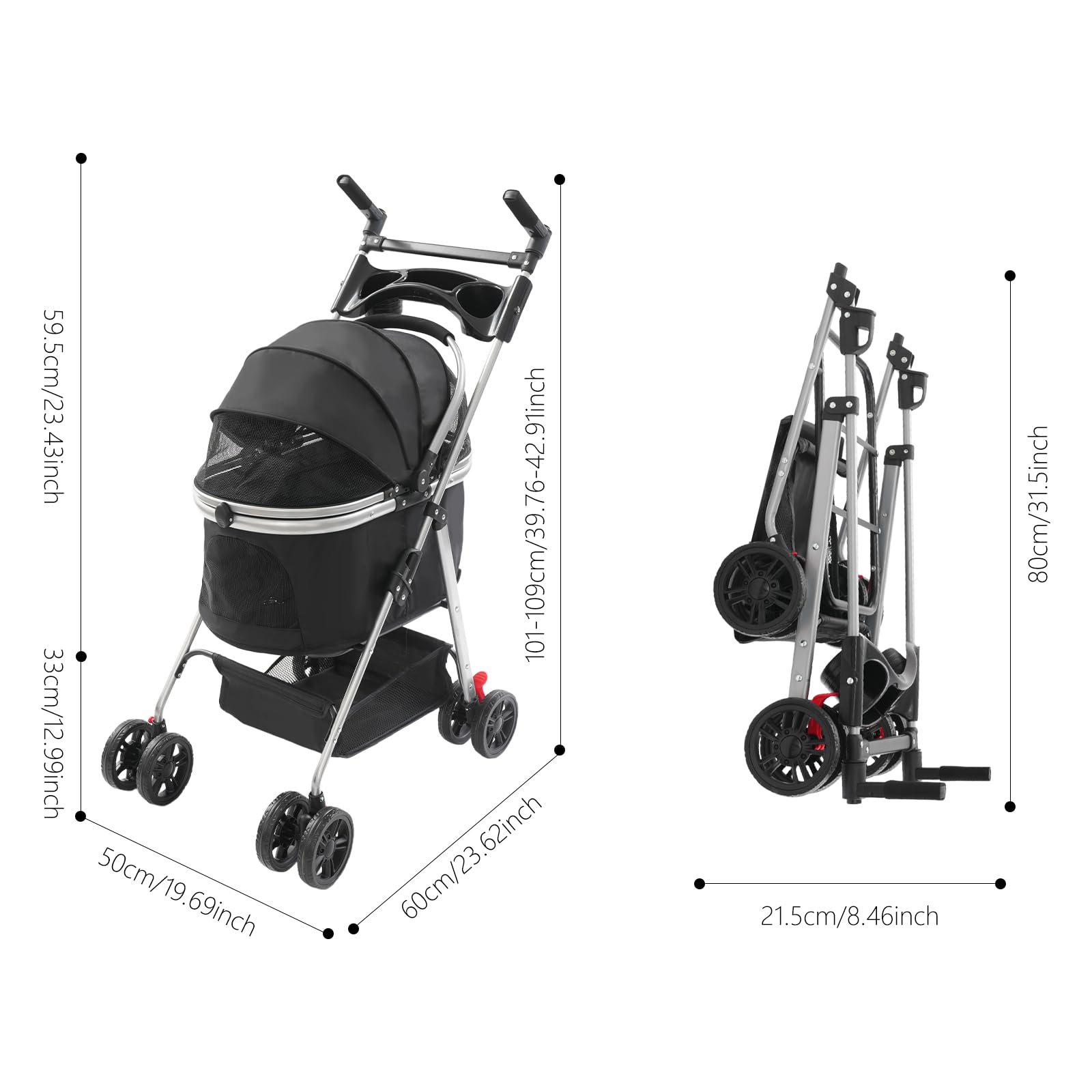 Cochecito para perros plegable, carrito para perros con ruedas universales, para gatos y perros pequeños, 50 x 60 cm (negro)