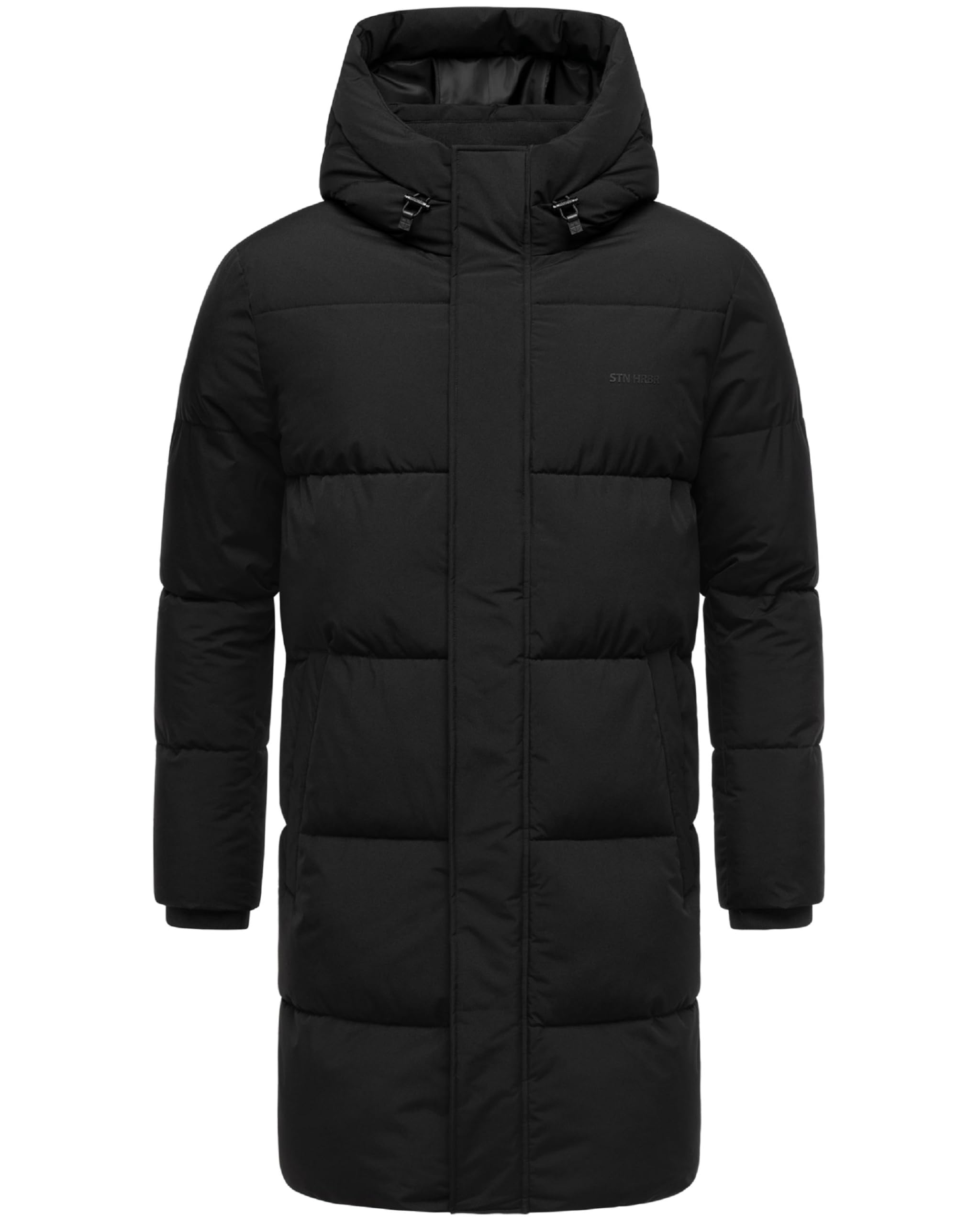 STONE HARBOUR Herren Steppmantel mit kuscheligem Fleece-Innenfutter, große Kapuze, Schwarz, Gr. L