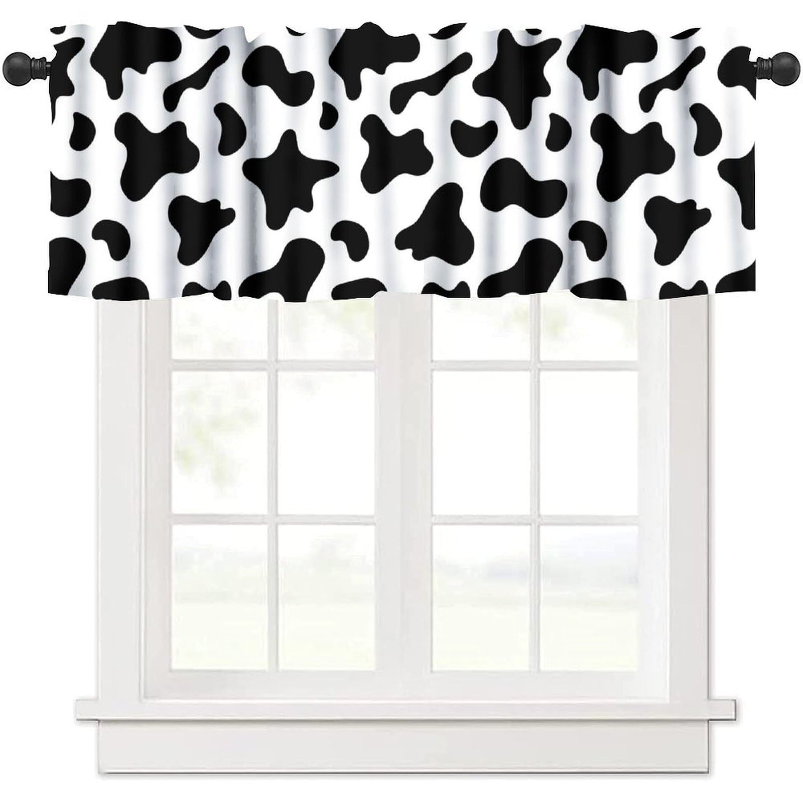 moderw Cow Skin Print Valance Curtains, Rustic Cottage Country Farmhouse Western Style Cowboy Theme Black Cowhide Print Window Curtain Valance for Home Kitchen Living Room 54x18inch