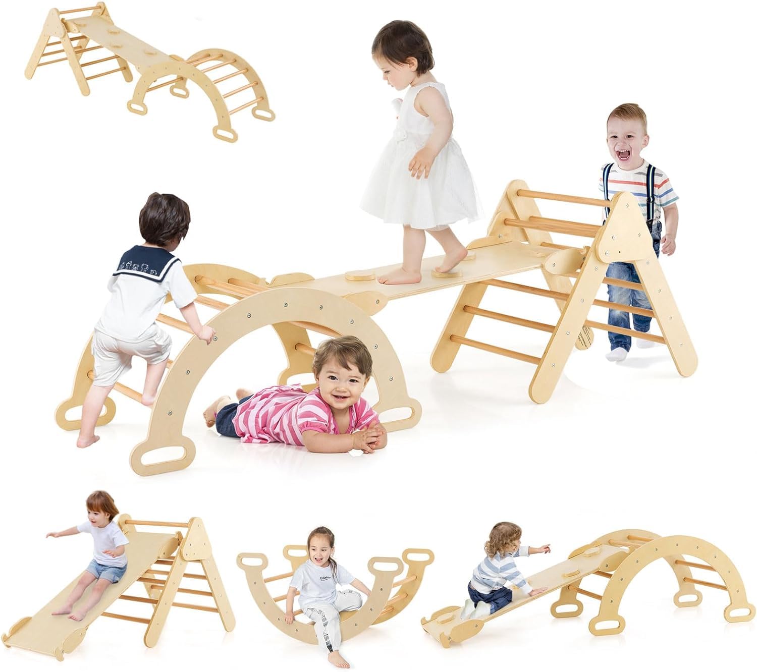 GOPLUS 7 en 1 Triángulo de Escalada para Niños de 1 Año, Montessori Escalador con Tobogán Rampa Arco, Juguetes de Escalada de Madera, Slide Aprendizaje para Guardería Casa, Carga 50 kg (Natural)
