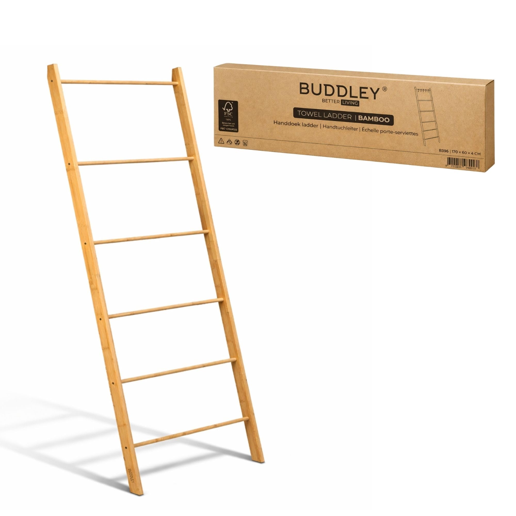 BUDDLEY Handtuchleiter - Bambus - extra breit - Deko-Leiter - Wäscheleiter - Leiterregal - Kleidung - Standmodell - Badezimmer - Schlafzimmer