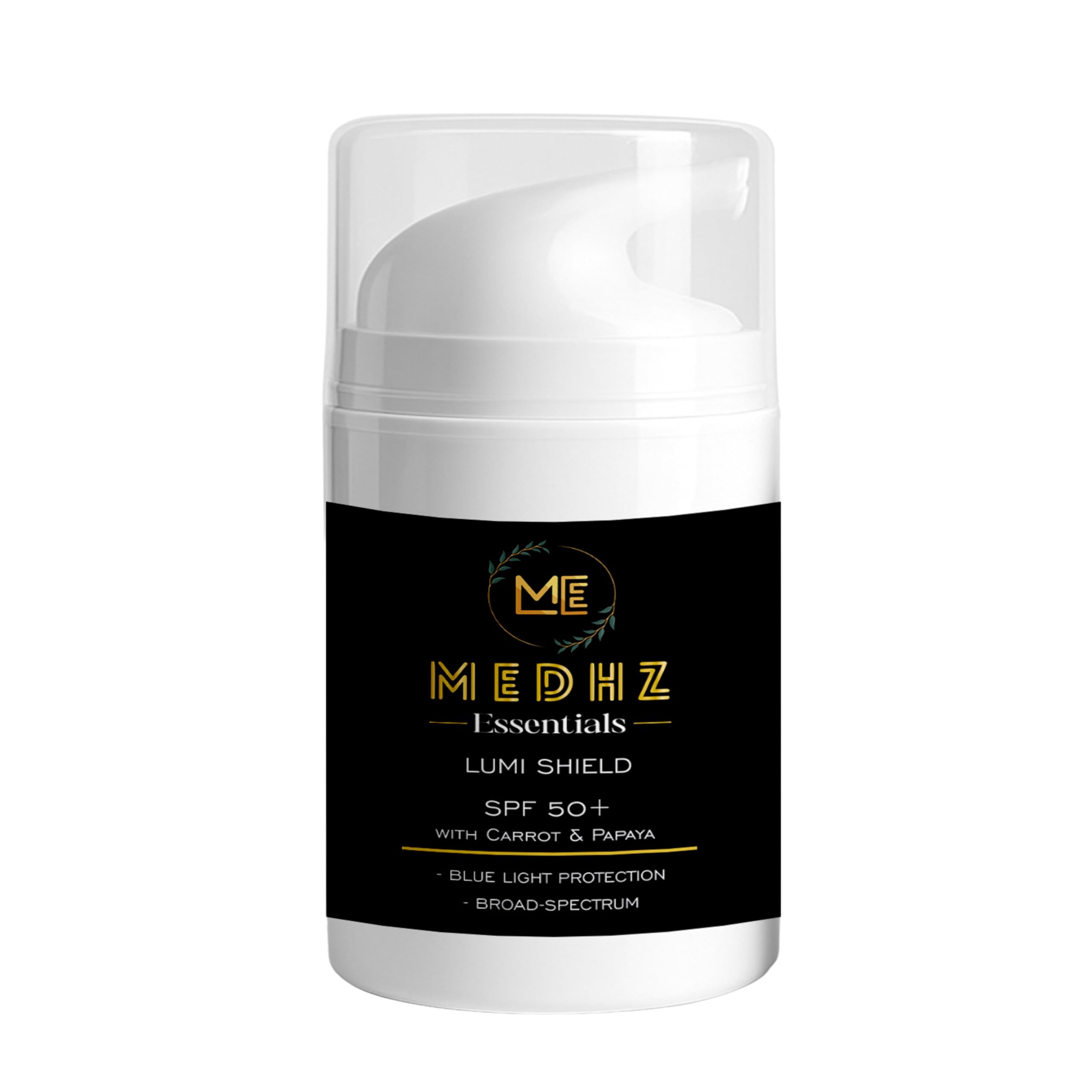 MEDHZ ESSENTIALS Lumi Shield SPF 50+ Sunscreen | Blue Light Protection | Broad Spectrum with Carrot & Papaya | Protects Skin from UVA UBA Rays and Harmful Blue Light | 50 ml