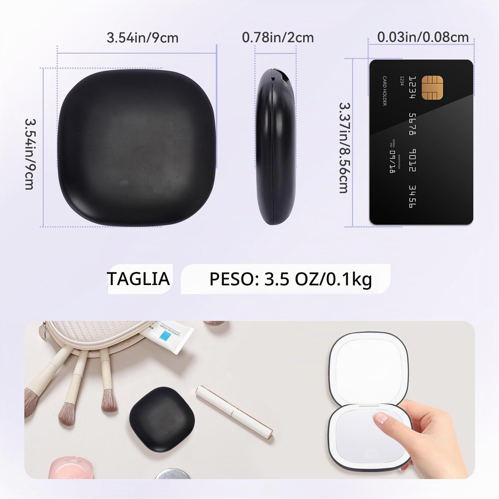 Specchio Portatile con Luce LED,Specchio Ingranditore 1X/10X,Regolabile Luminosità Mirror da Borsetta,per Trucco Precisa, Depilare Sopracciglia,Pinzare,Eliminare Punti Neri,Portatile,Nero