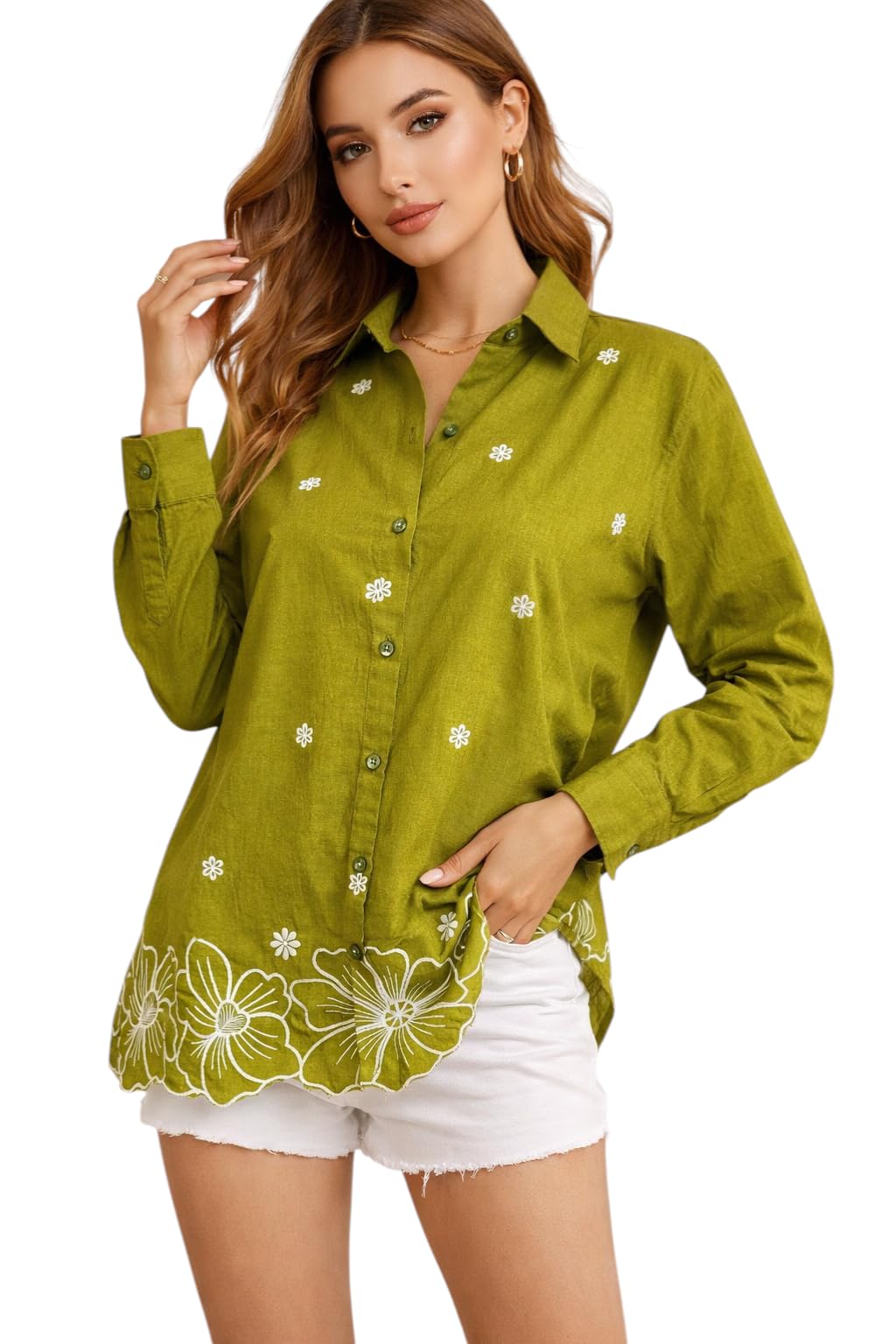 Women’s Cotton Embroidered Shirt Green | Floral Embroidery Casual Wear Shirt for Women | Soft Cotton Stylish Top 1-image-2