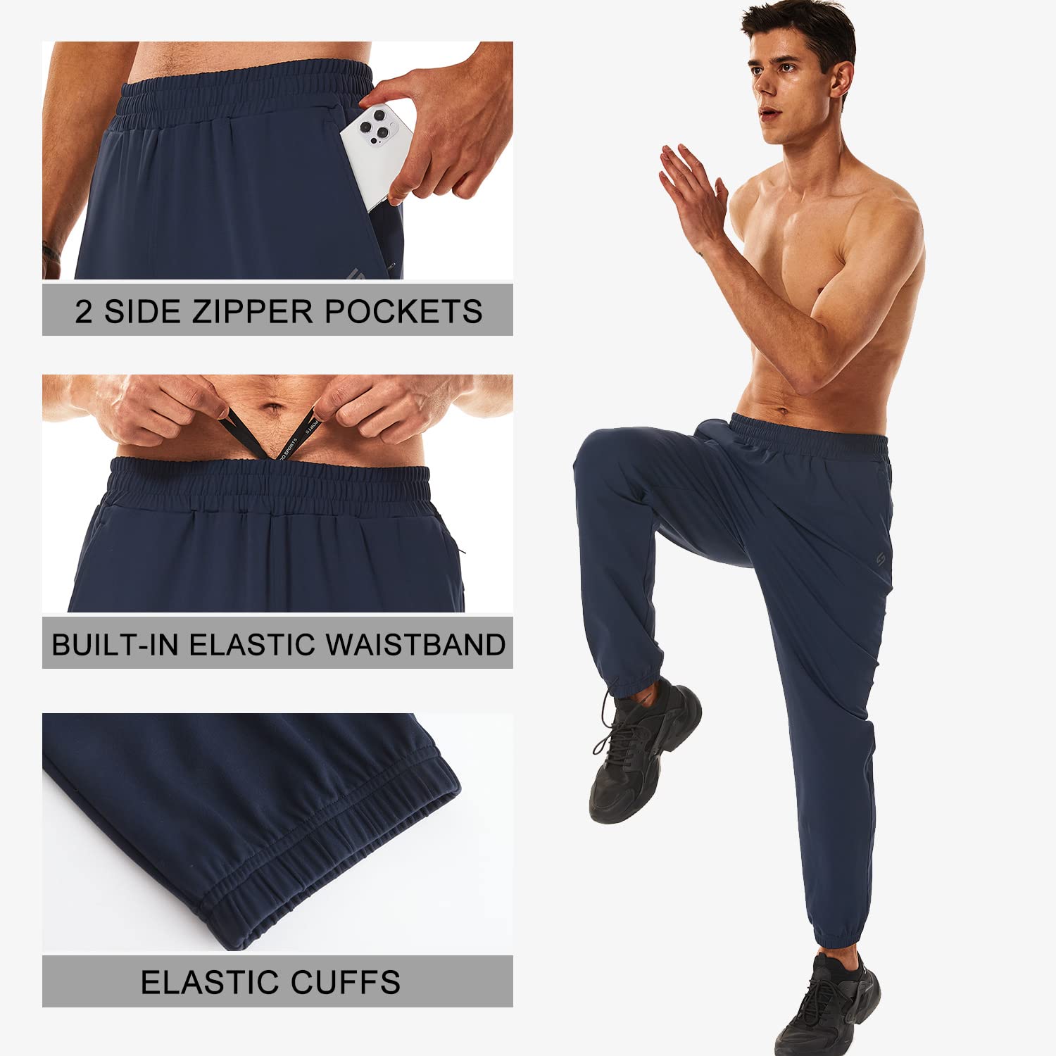 HOdo Pantalones deportivos para hombre de 86 cm y 91 cm de largo con bolsillos con cremallera