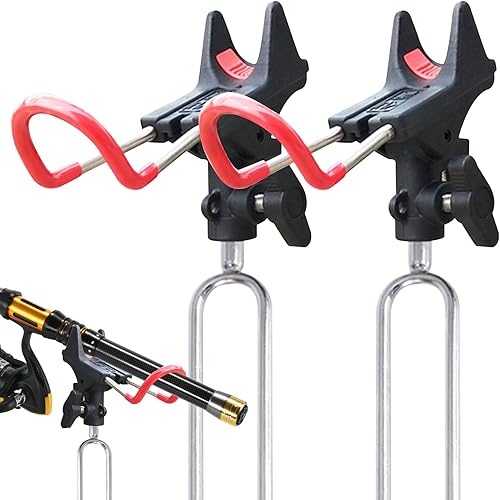 Vista 7 de Soporte para caña de pescar para suelo, paquete de 2 unidades, altura ajustable de 22.4-34.3 in, soporte de caña de plegado fácil ajustable de 360