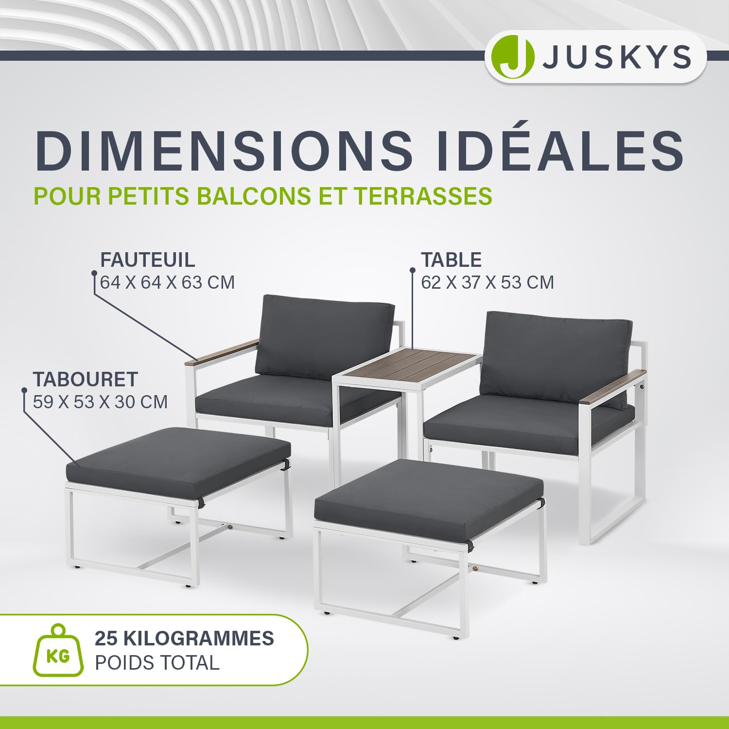 Juskys Salon de Jardin 5 pièces Bari avec Table & Coussins - Coin Lounge d'extérieur en métal - Petit mobilier de Balcon - Meubles Outdoor pour Balcon et Jardin - Gris