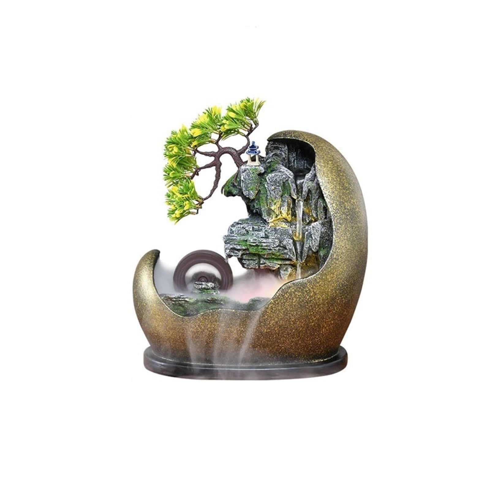 water feature Tabletop Waterfall Fountain – Adjustable Pump or Faux Bonsai Tree, Resin Indoor Desk Décor(Gold)