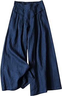 Women' s Culottes Linen Blend Wide Leg Pants Elastic Waist Casual Palazz...