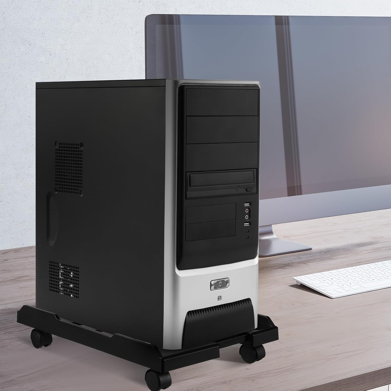 Ipetboom Adjustable PC Tower Stand with Wheels, Abs Plastic Computer Tower Floor Holder, Mobile CPU Cart for Office and Home Use