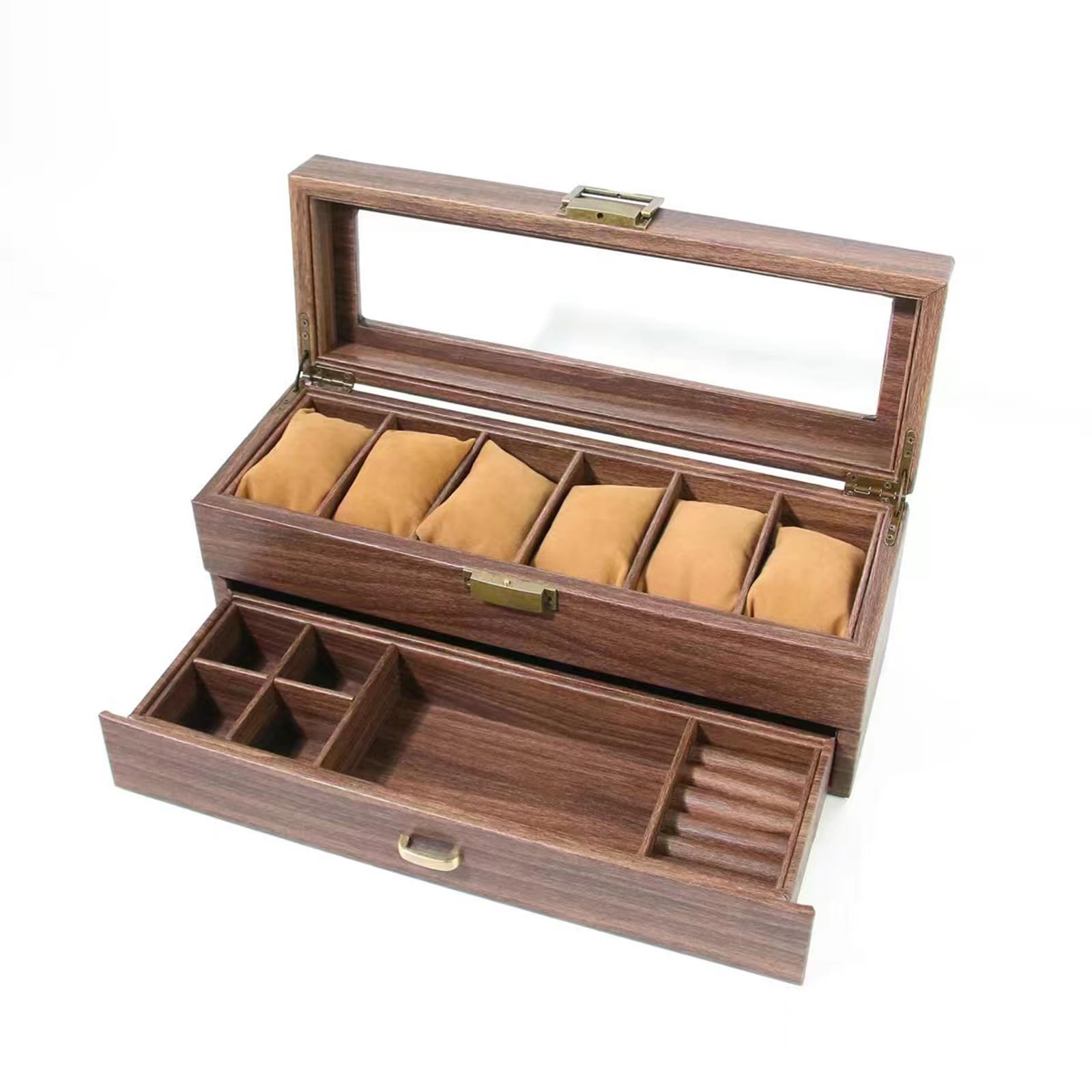 Elegante caja de reloj de grano de madera, práctico soporte múltiple para relojes con tapa de cristal y cajón de almacenamiento para hombres