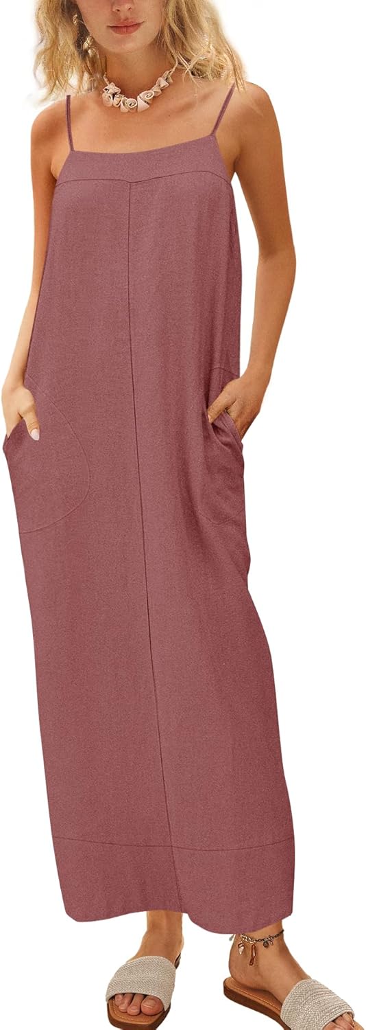 ReachMe Womens Linen Maxi Dress Loungewear Spaghetti Strap Long Dresses Square Neck Sleeveless Backless Dress with Slit