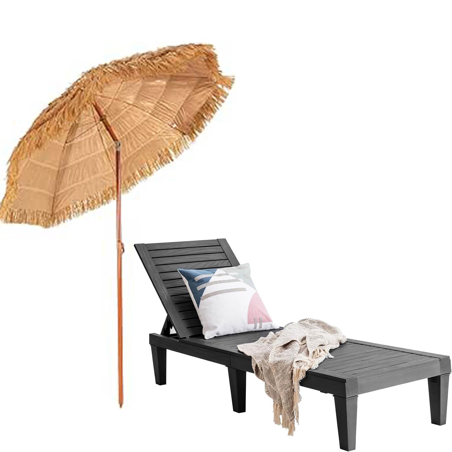 GOPLUS Muebles de Exterior de 2 Piezas, Tumbona Plegable en 5 Posiciones, 190 x 57,5 x 29 – 84,5 cm, 2M Sombrilla Paja de PP con 8 Varillas para Piscina, jardín (Negro, 1 Tumbona+1 Sombrilla)