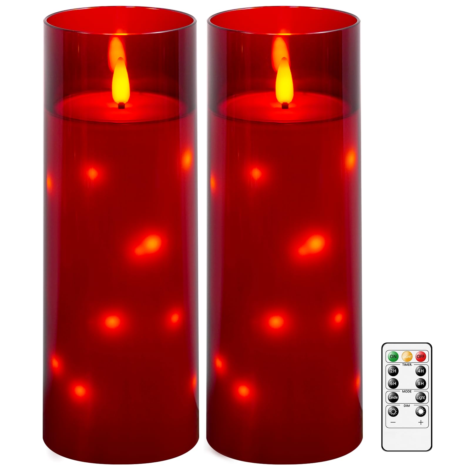 kakoya 11" x 4" Large Outdoor Waterproof Flameless LED Candles with Remote and Timer,Acrylic Pillar Candles Battery Operated with Embedded Star String for Porch,Patio,Outdoor Decor,Set of 2(Red)