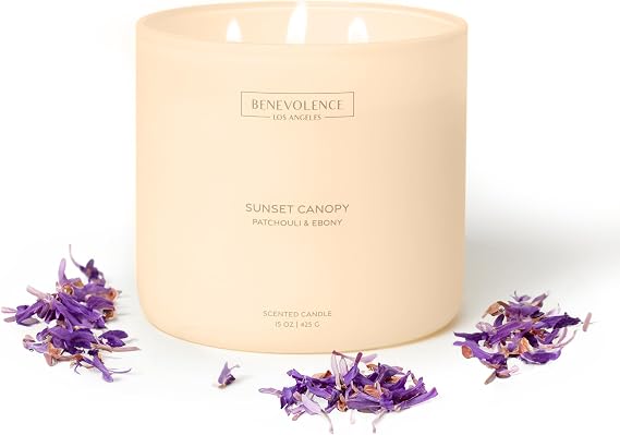 Benevolence La Sunset Canopy - 15oz Scented Candle and 3.4oz Room Spray Set | Patchouli & Ebony | Luxury Home Fragrance | Natural Wax, Linen Spray | Malibu Sands Collection