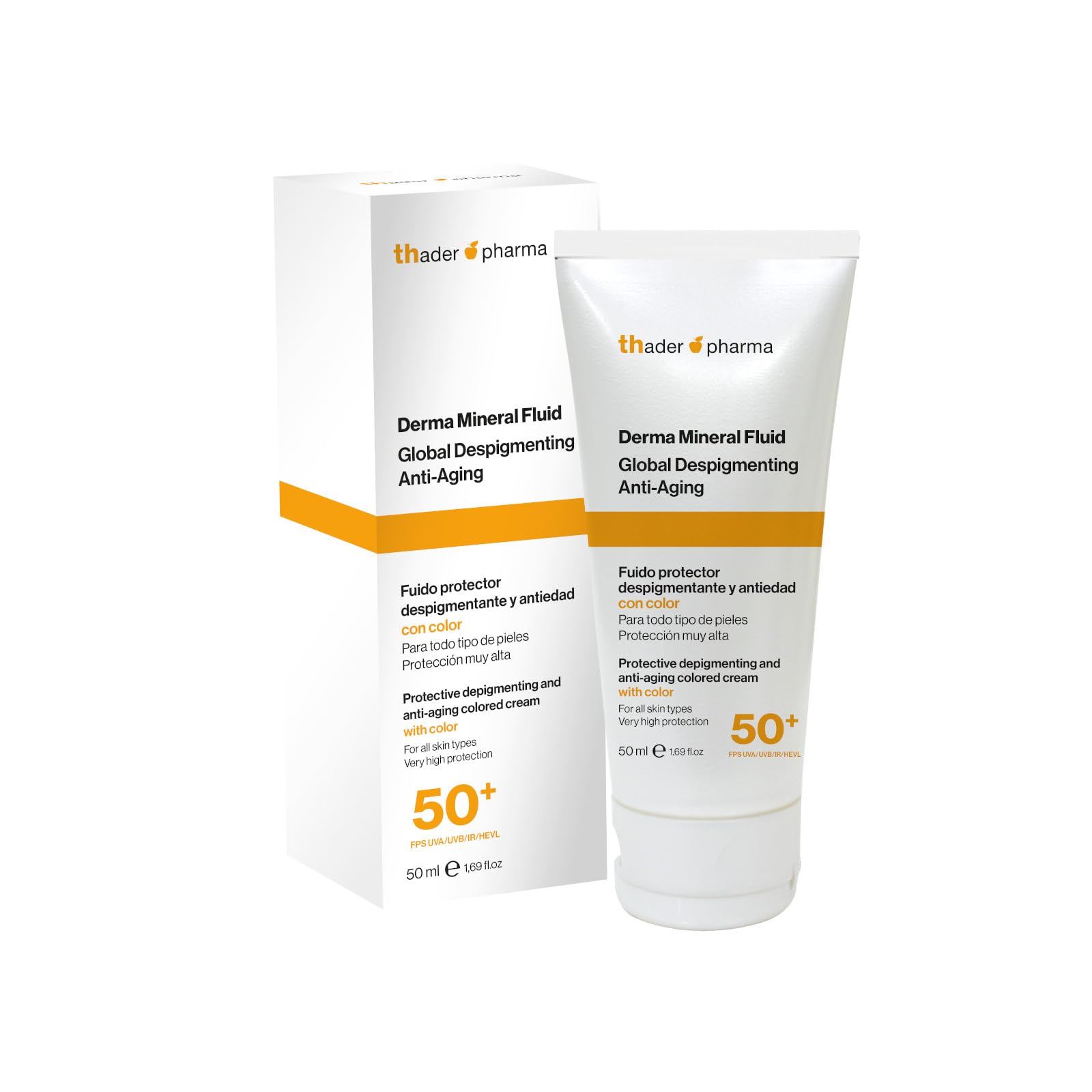 Thader Pharma Protector solar mineral facial con color Derma Mineral Fluid con acción despigmentante y antiedad, SPF 50+, 50 ml