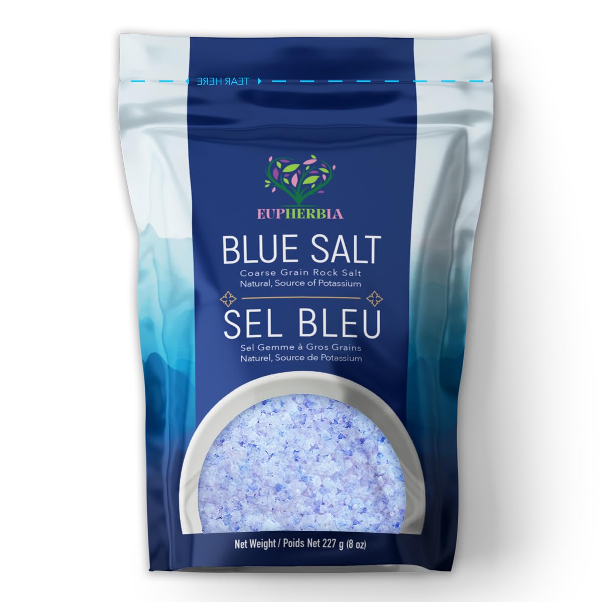 Blue Salt, Coarse, Rare Mineral Salt, High Potassium, Lower Sodium, Natural, Unprocessed, Hand Harvested, Kosher Certified, 227g (8 Oz)