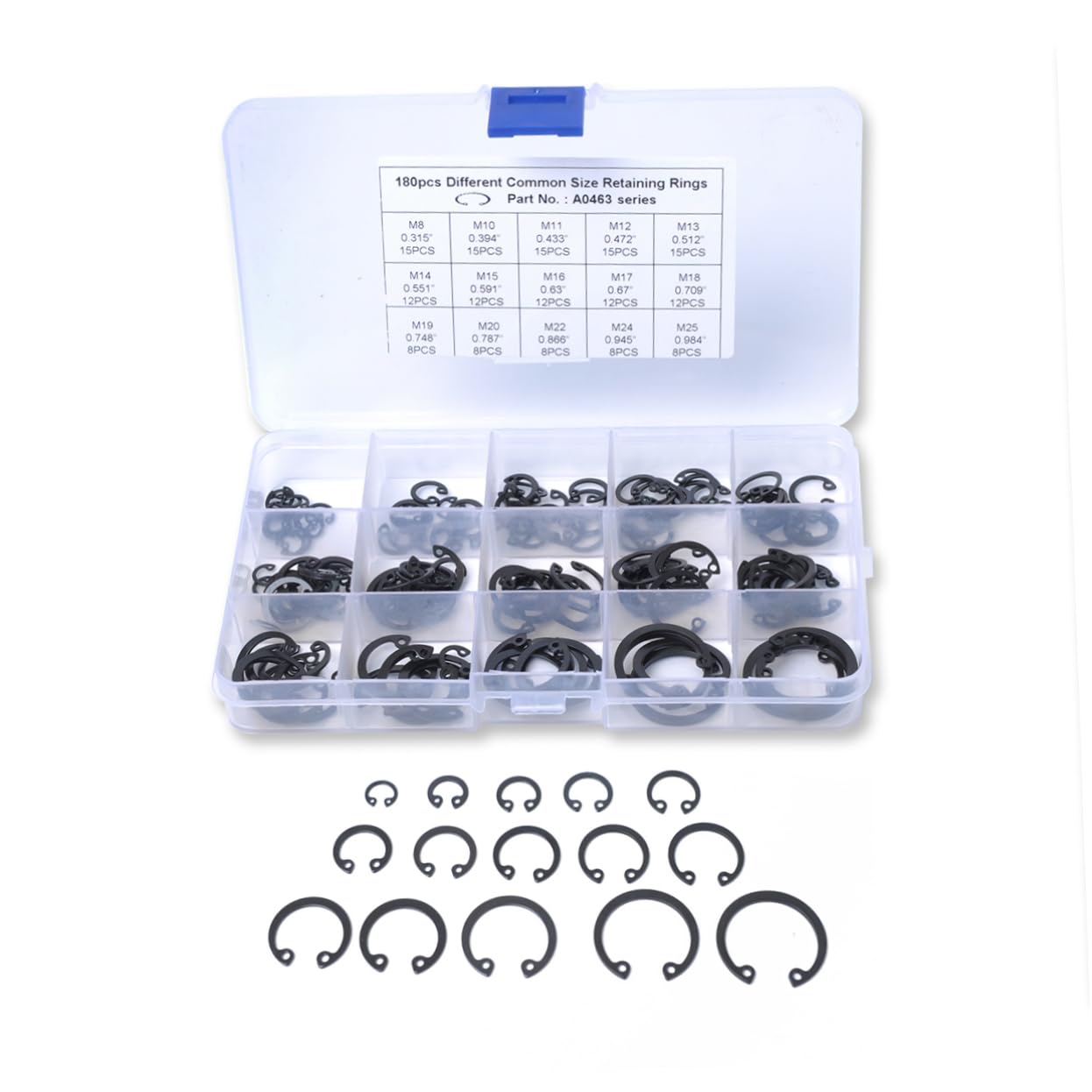 NAMOARLY Set of 180 Universal Snap Rings Circlip Kit Retaining Ring Assortment in 15 Sizes Spring Steel Oxide Finish Black