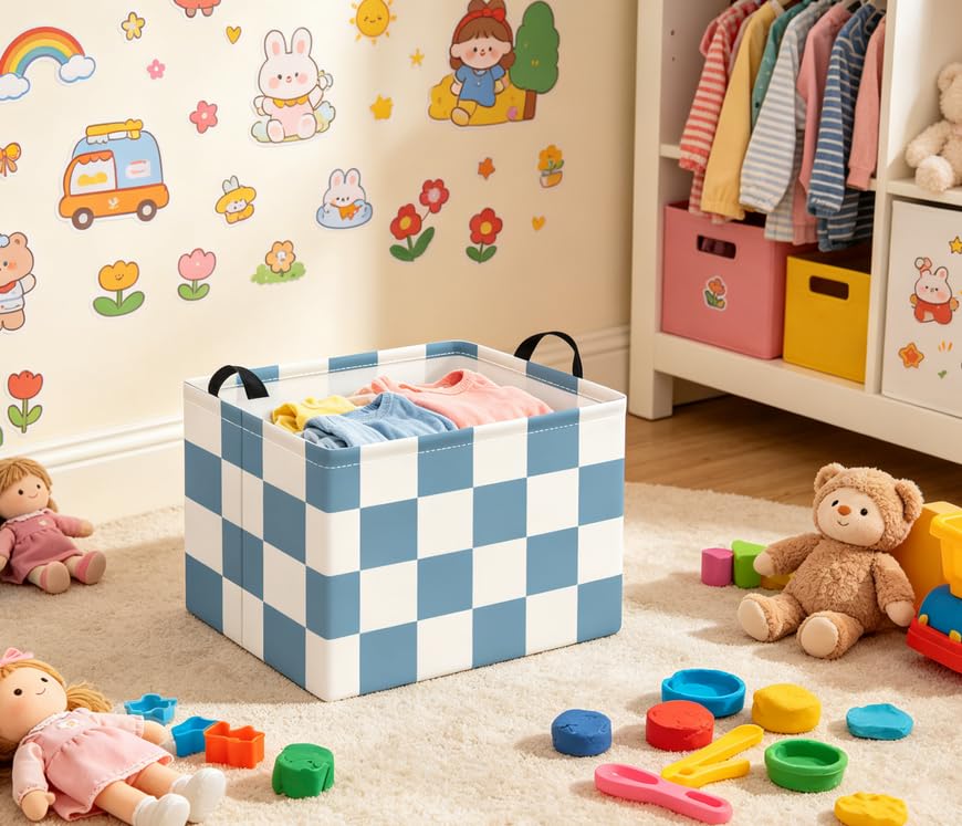 Image of Rectangular Baby Kids Storage Basket for Home Kitchen Girls Cute Toy Storage Bin Organizer Shelf Book Room Decor(Blue Checkered)