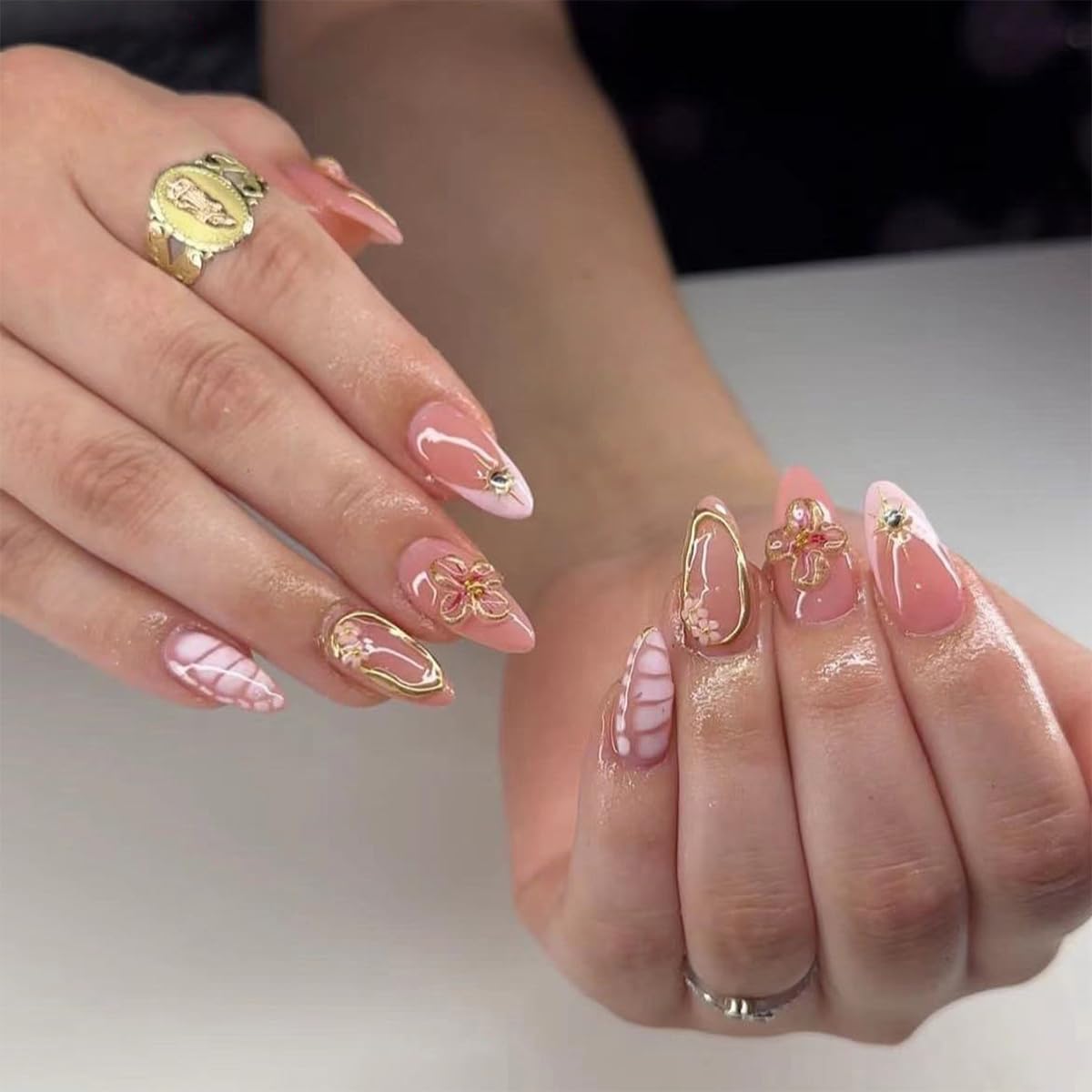 24pcs Almond Press on Nails Short Nails French Tip Acrylic Fake Nails with 3D Flower & Pearl Charms Reusable Stick on Nails Full Cover Pink Nail Tips