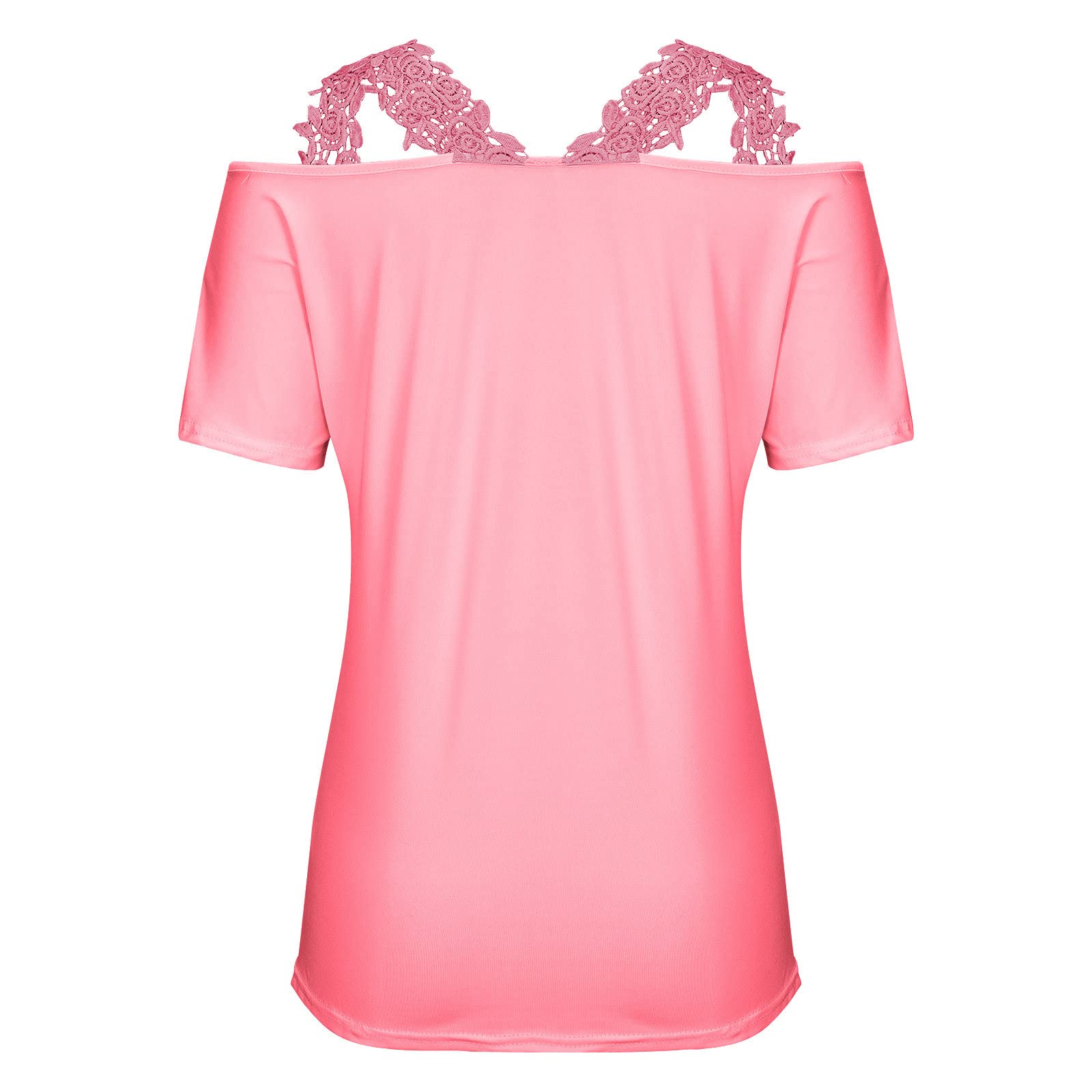 Lace Crochet Cold Shoulder Tops for Women Trendy Summer Short Sleeve Tunic Shirts Casual Loose Strappy Blouses