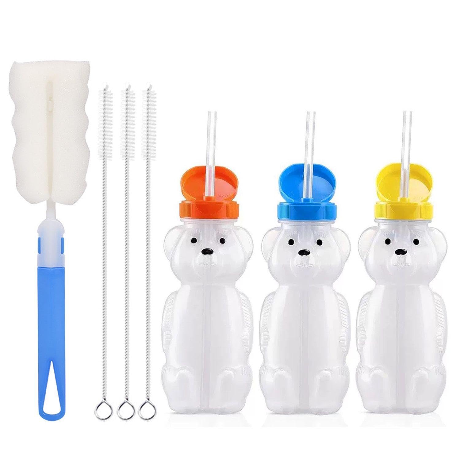 3 Pièces De Bouteilles En Paille D'Ours, 1 Brosse À Éponge, 3 Brosses À Paille, Design Mignon, Adapté Aux Enfants, 230 Ml, Jaune, Bleu, Orange