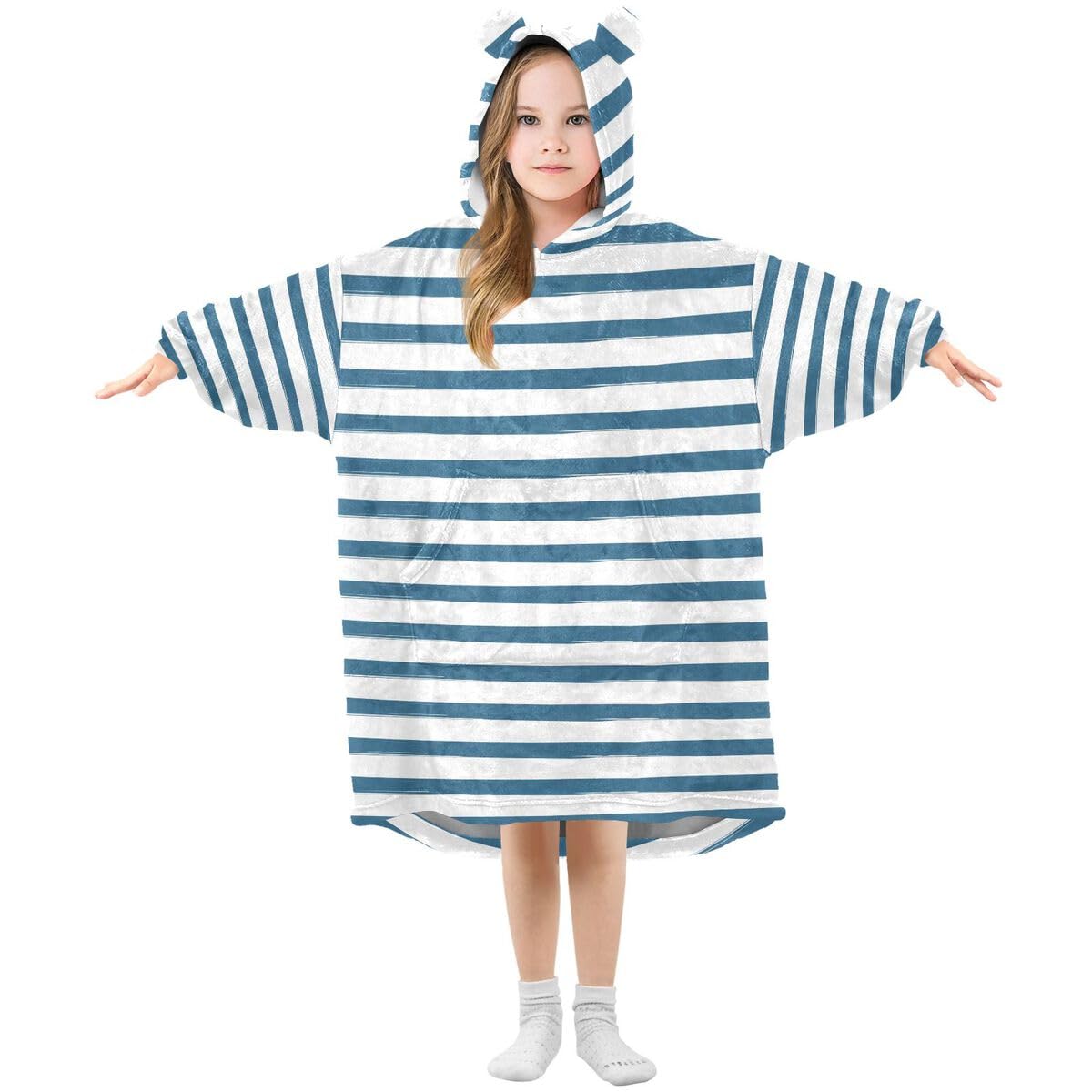 Wiosna lato w paski granatowy dziecięcy koc do noszenia bluza z kapturem oversize bluza koc sweter w paski dla chłopców i dziewcząt w wieku 3-14 lat