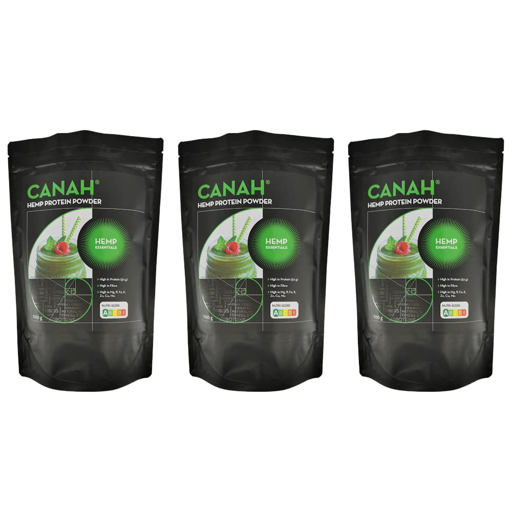 Natürliches Hanfproteinpulver von Canah 3x1.000 g - mit hohem Gehalt an Omega-3 Protein, Aminosäuren, Mineralien, Magnesium-Phosphor-Eisen und Zink, veganische Supernahrungsmittel kalt verarbeitet