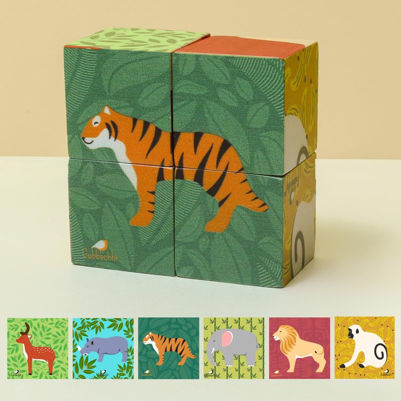 Image of Wooden Jungle Puzzle for Toddlers 2 Yrs+ | 6 in 1 Animal Block Puzzle with 4 Wooden Blocks | Montessori Educational Toy | Handmade in India | 100% Mango Wood | Non Toxic | Screen Free Toy