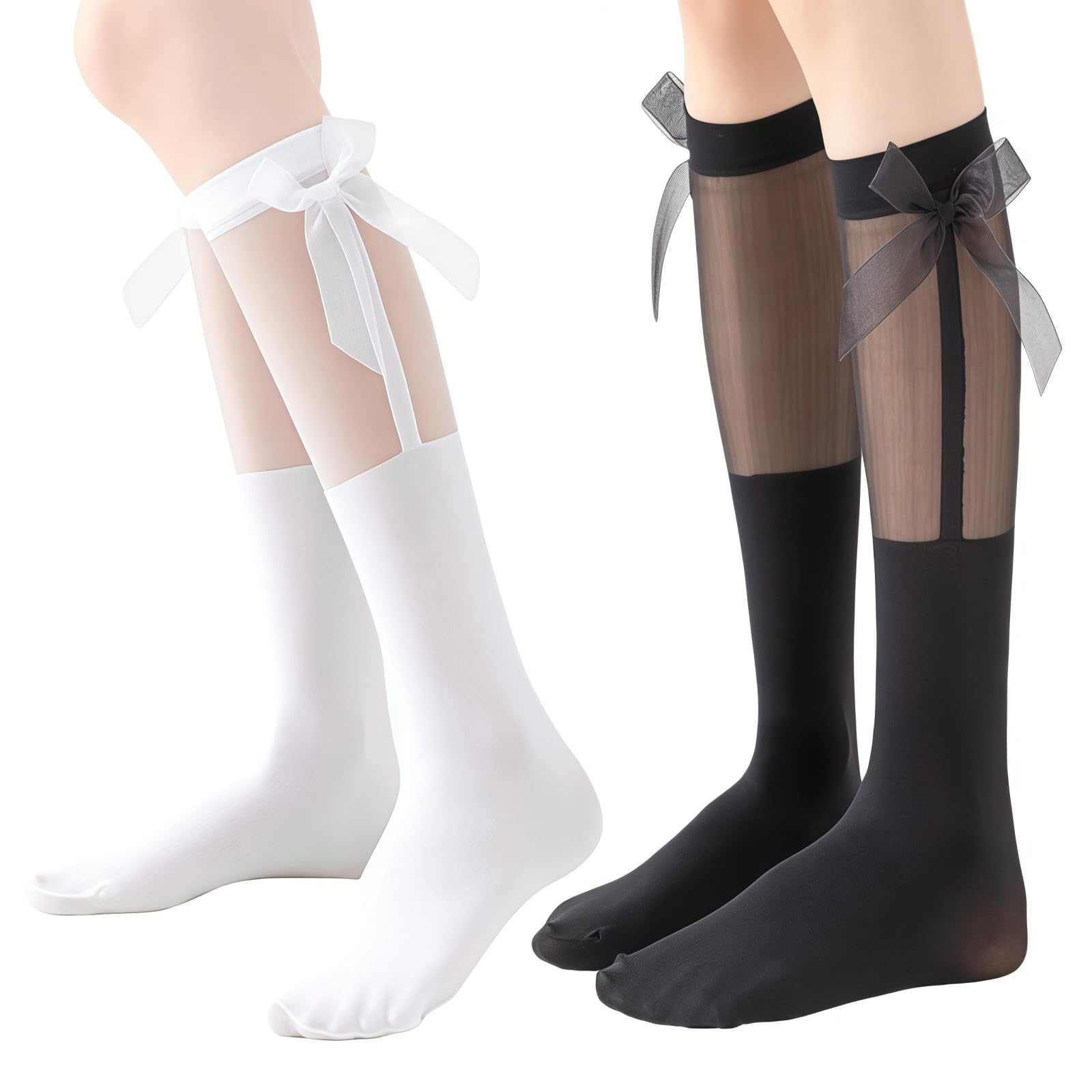 MANJIAMEI Women Knee High Pop Socks with Bow 2 Pairs Mesh Knee High Stockings Cute Sheer Calf-Length Sock Tights for Ladies Girls