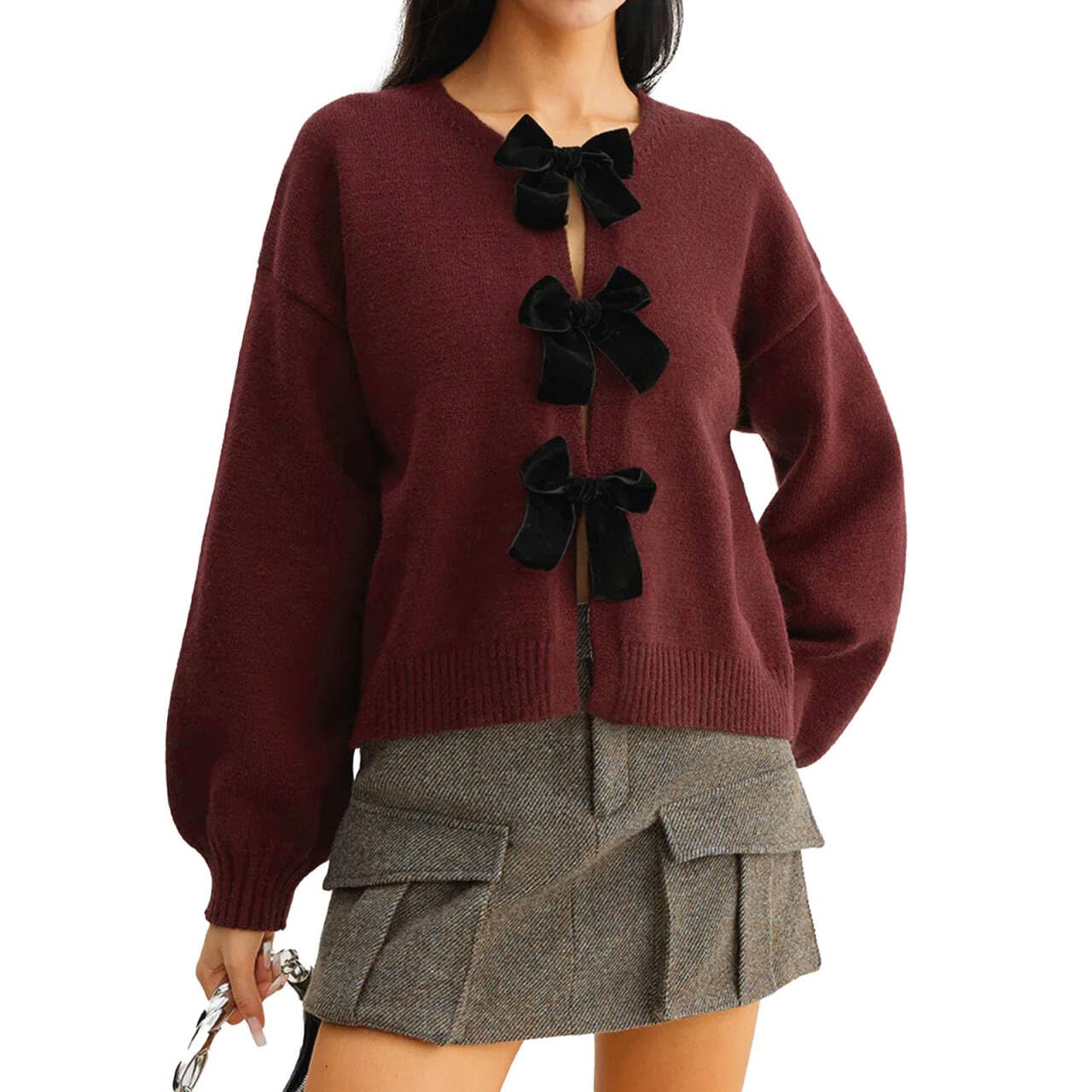 CHICWISH Women Velvet Bow-Embellished Knit Cardigan Trendy Fall Winter Crewneck Long Sleeve Button Sweater Coats