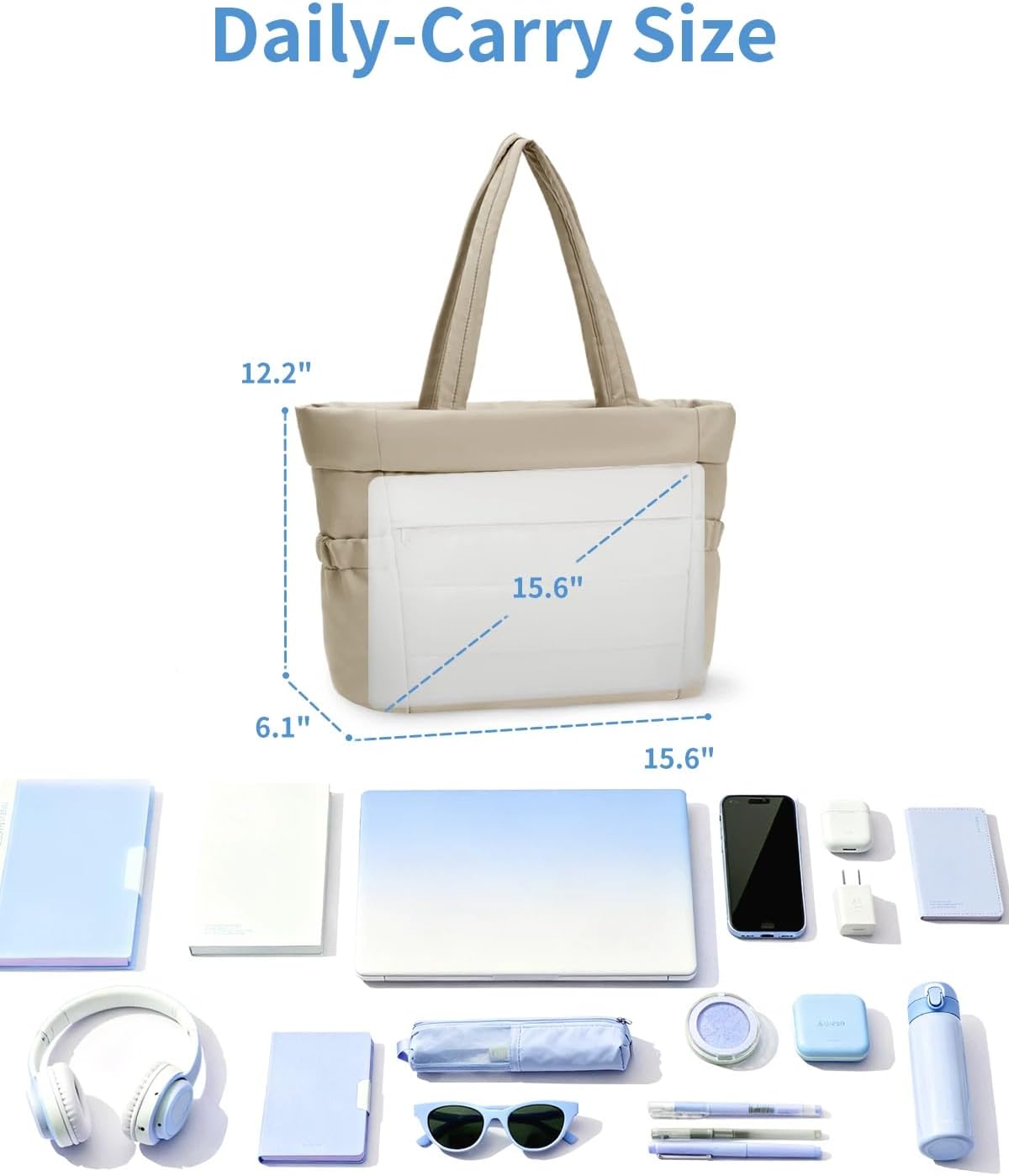 WANDF Work Tote Bag for Women, Puffy 15.6" Laptop Bag with Cup Holder, Quilted Handbag Travel Gym Bag for Nurse Teacher