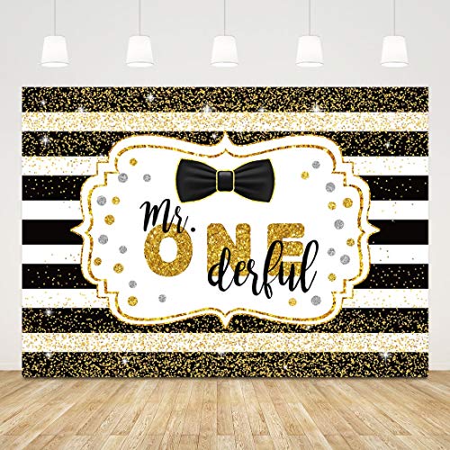 Happy 1st Birthday Backdrop Boy Gold Glitter Stripe First Birthday Background 7x5ft Mr. Onederful Backdrop for Birthday Party 1st Birthday Photo Booth Props Baby Shower Banner Cake Table Decors