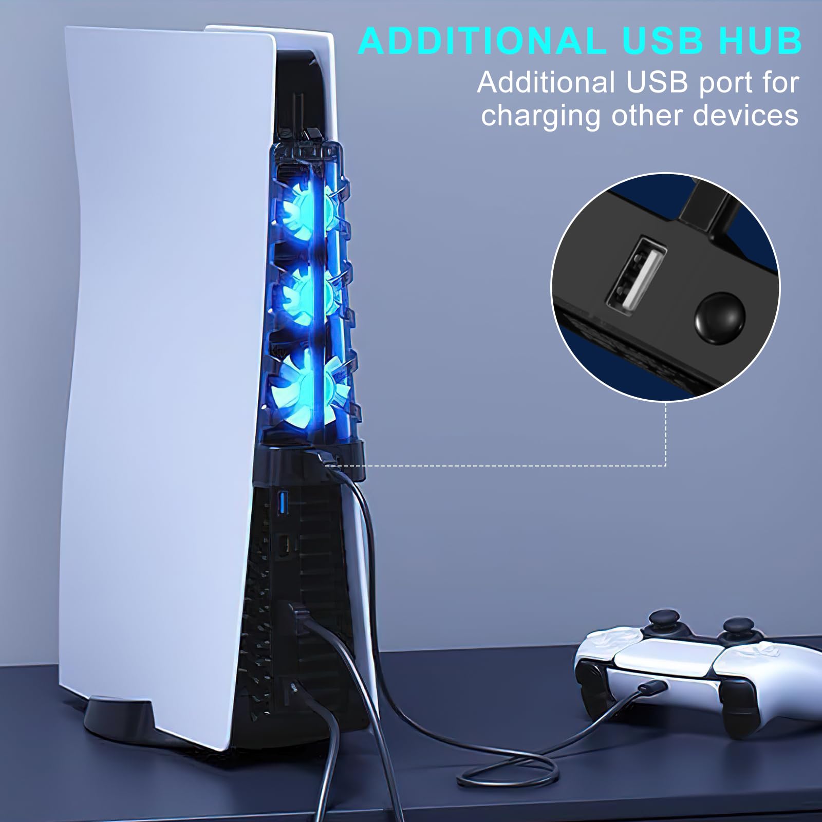 Ventola per PS5 Ventola di Raffreddamento per PS5 Console con Porta USB e 3 Ventole compatibile con PlayStation 5 Ultra HD e Digital Nero