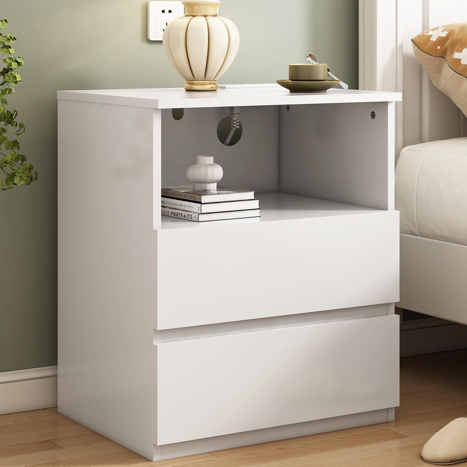 White Nightstand Set of 2, Night Stand with Charging Station.Modern Bedside Tables Set with 2 Drawers for Bedroom, End Side Tables for Living Room,19.7''Wx15.75''Dx23.6''H