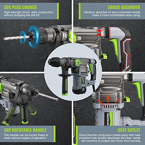 Image of WORKPRO 1-1 /4 Inch SDS-Plus Rotary Hammer Drill, 12.5AMP, Heavy Duty Corded Version for Concrete Demolition Chipping Rotomartillo, 5 SDS-Plus Bits