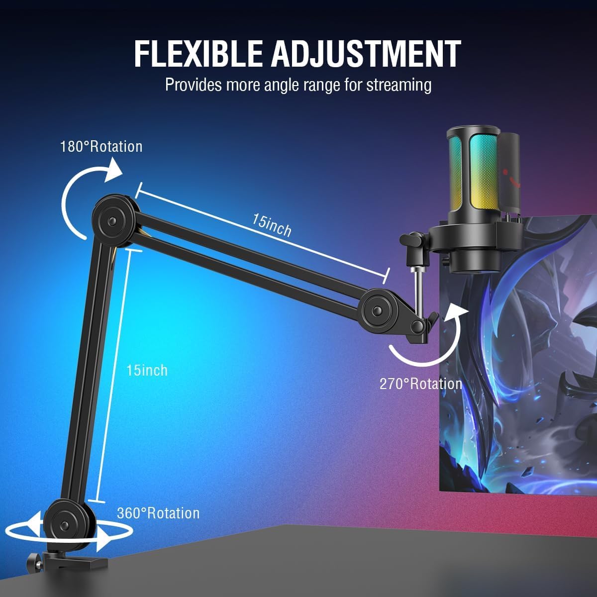 FIFINE Gaming Microphone and Heavy Duty Boom Arm Bundle, USB PC Mic with RGB Control, Mute Touch, Headphone Jack, Pop Filter, Stand for Streaming, Podcasts, Recording on Mac/PS4/PS5 (A8+BM63)