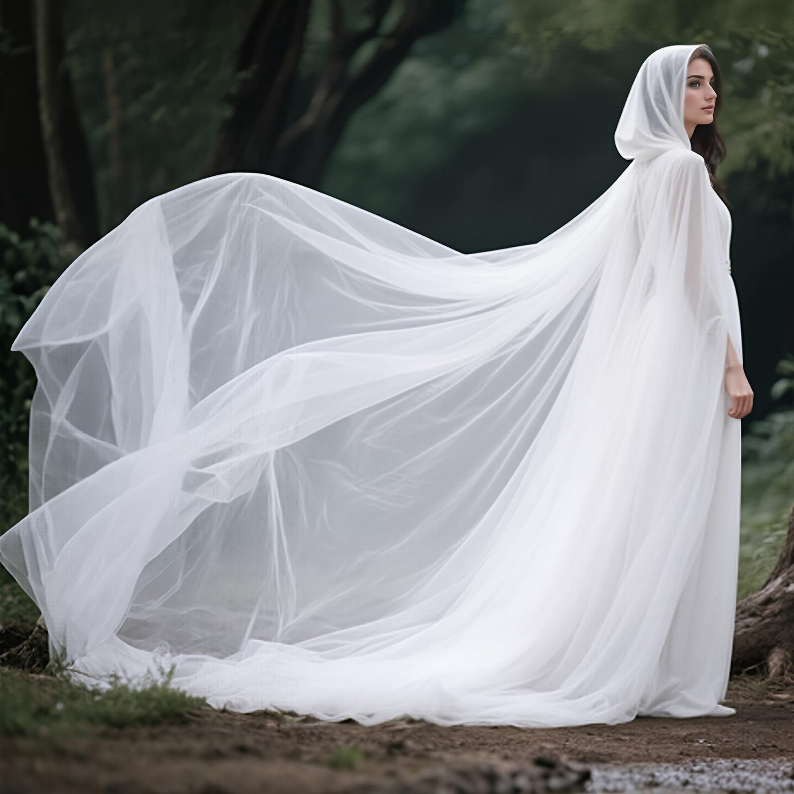 keland Tüll Umhang mit Kapuze Tüllumhang mit Schleppe für Halloween & Hochzeiten (Weiß)