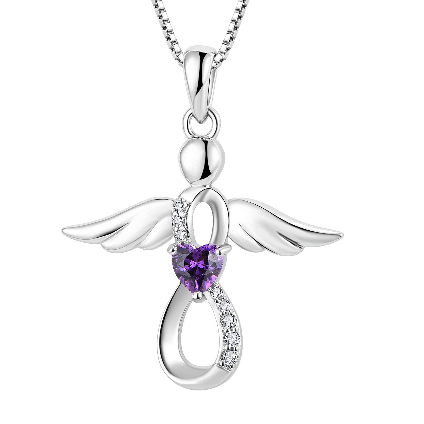 FJ Schutzengel Halskette Anhänger 925 Sterling Silber Infinity Unendlichkeit Kette mit Zirkonia Geburtsstein Engel Schmuck Geschenke für Frauen Mädchen