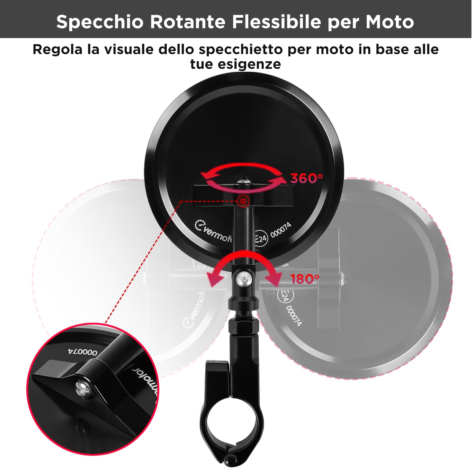 evermotor Specchietto Moto E24 Omologato Ø95 mm CNC Alluminio Regolabile 360° con Staffa a Morsetto per Manubrio 22 mm e 25,4 mm Senza Smontaggio 1 Pezzo