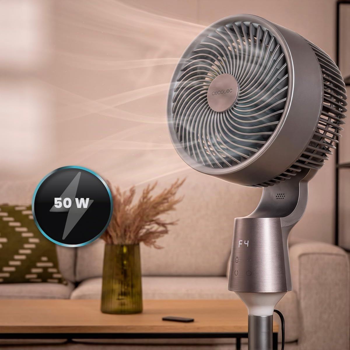 Cecotec Standventilator EnergySilence 1500 Cyclone Chantal. 50 W, 8 Geschwindigkeitsstufen, Touch-Bedienfeld, LED-Display, 12-h-Timer, LED-Beleuchtung, höhenverstellbar, Oszillation, Aromafach