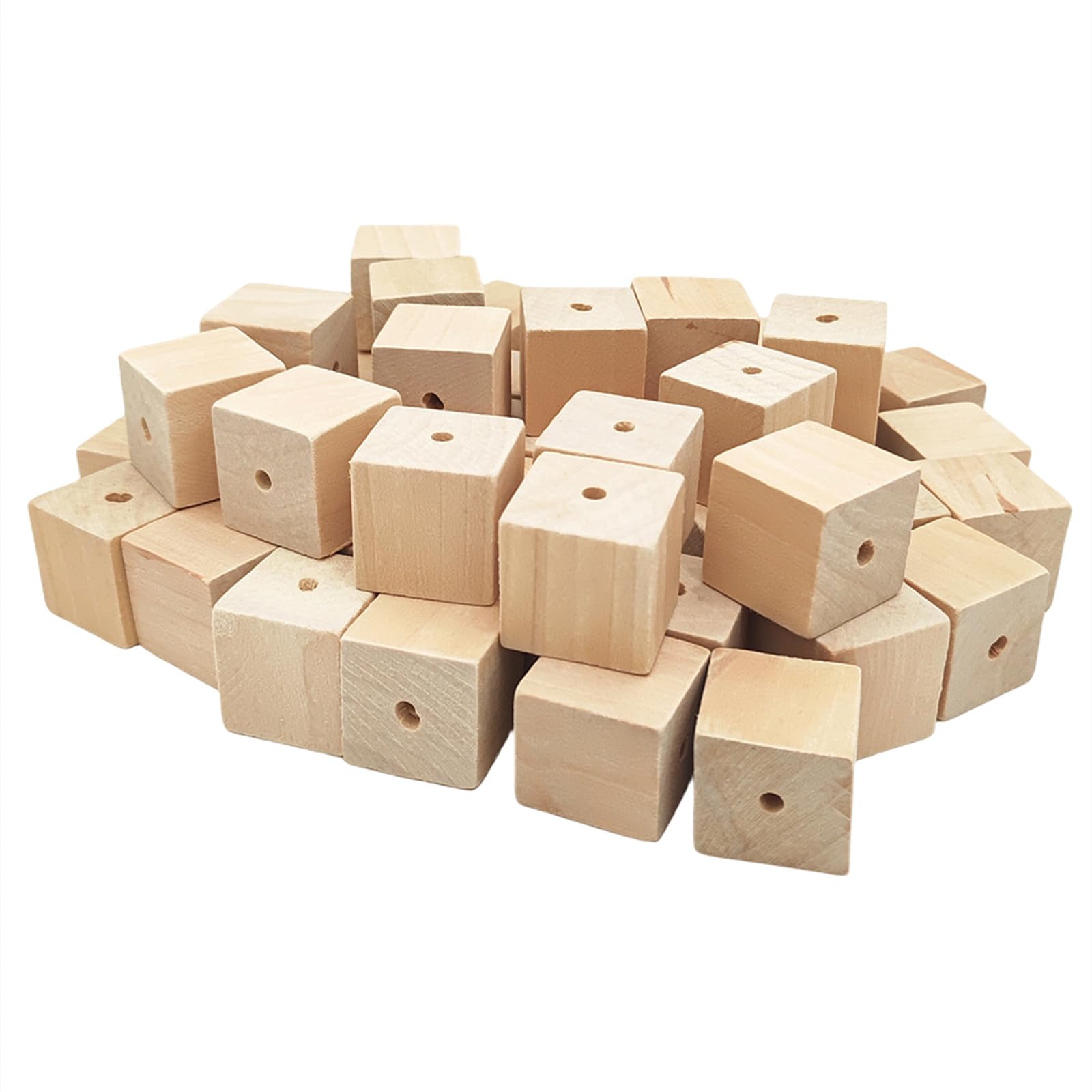 Wooden Cubes with Holes 3cm/50pcs, Unfinished Square Wood Beads Blocks Natural Blank Wood Cubes for DIY Craft