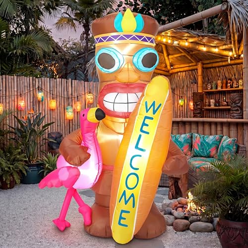 Image of Shappy 5 FT Inflatable Tiki Flamingo Decoration with LED Lights, Hawaiian Luau Party Decor, Tropical Tiki Totem Blow Up for Summer Beach Party, Outdoor Yard Lawn Garden Decoration