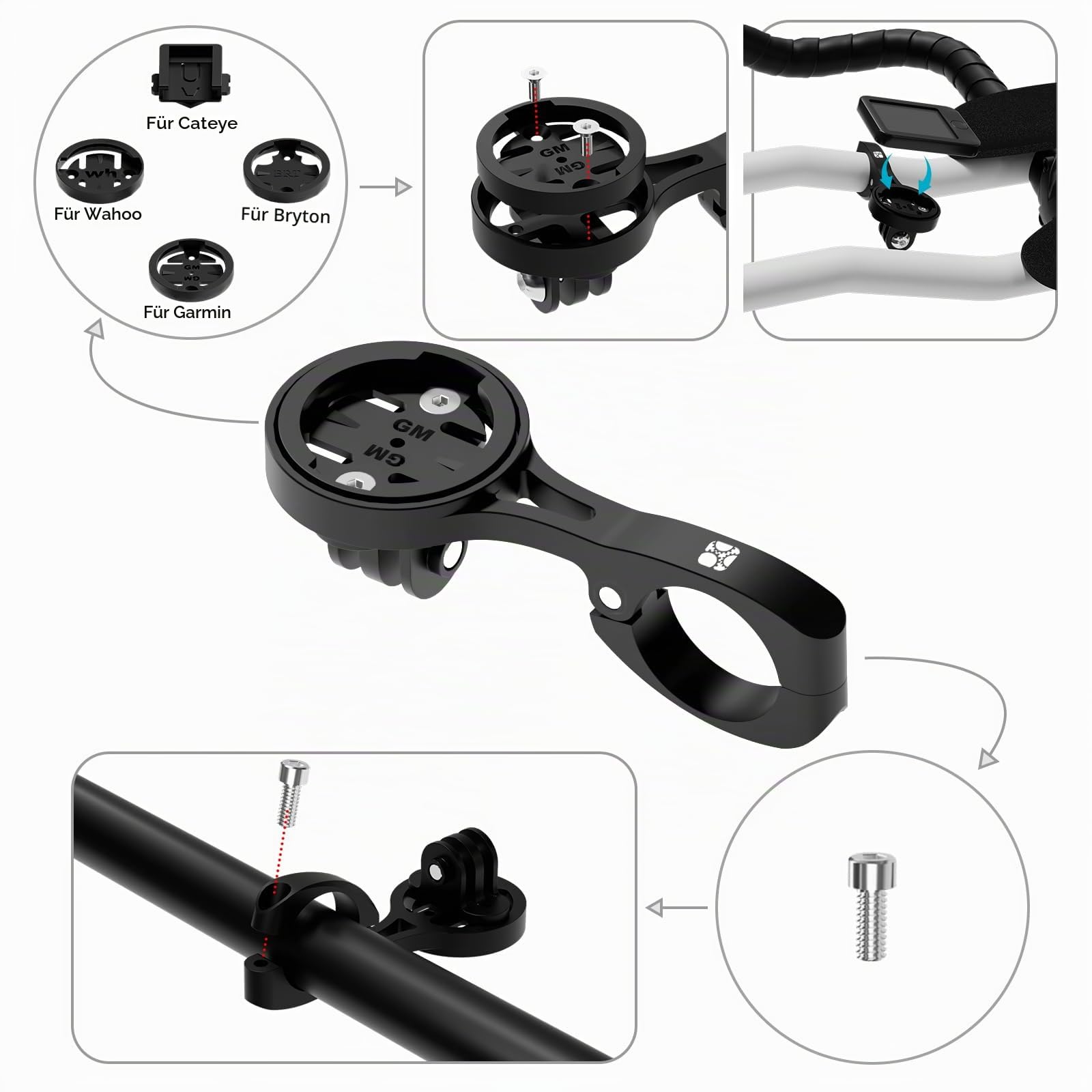 Bike AeroBar GPS-Computer-Halterung für Garmin Edge Explore, Aluminium-Fahrrad-GPS-Halterungen für 22,2 mm TT-Lenker, Taschenlampe und Action-Kamera, kompatibel mit Bryton, Wahoo und Cateye, Schwarz