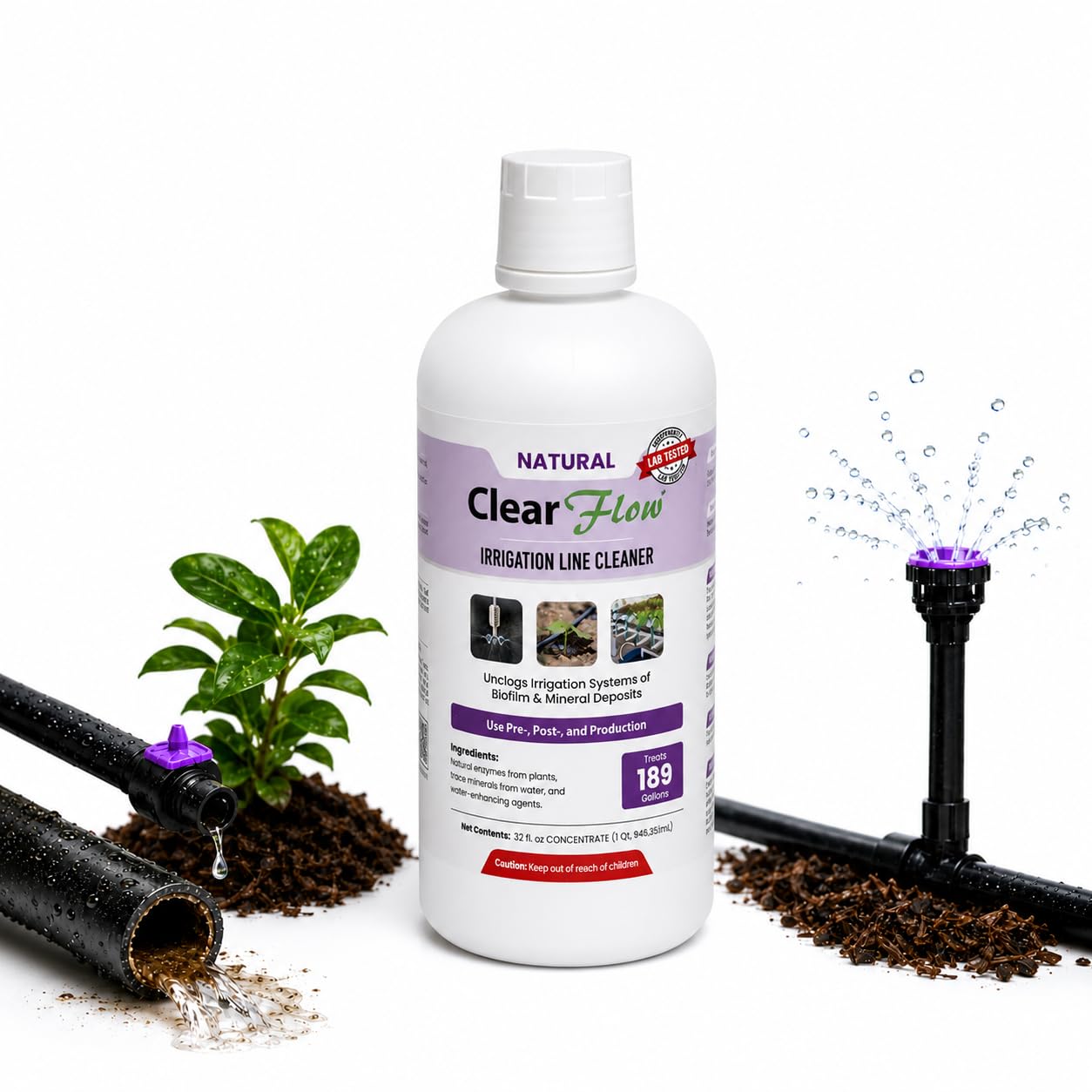 Nettoyant pour ligne d'irrigation Clear Flow – Débouche le biofilm et les dépôts minéraux | pour racines de plantes, supports de culture, idéal pour la culture hydroponique, l'aquaponie, les